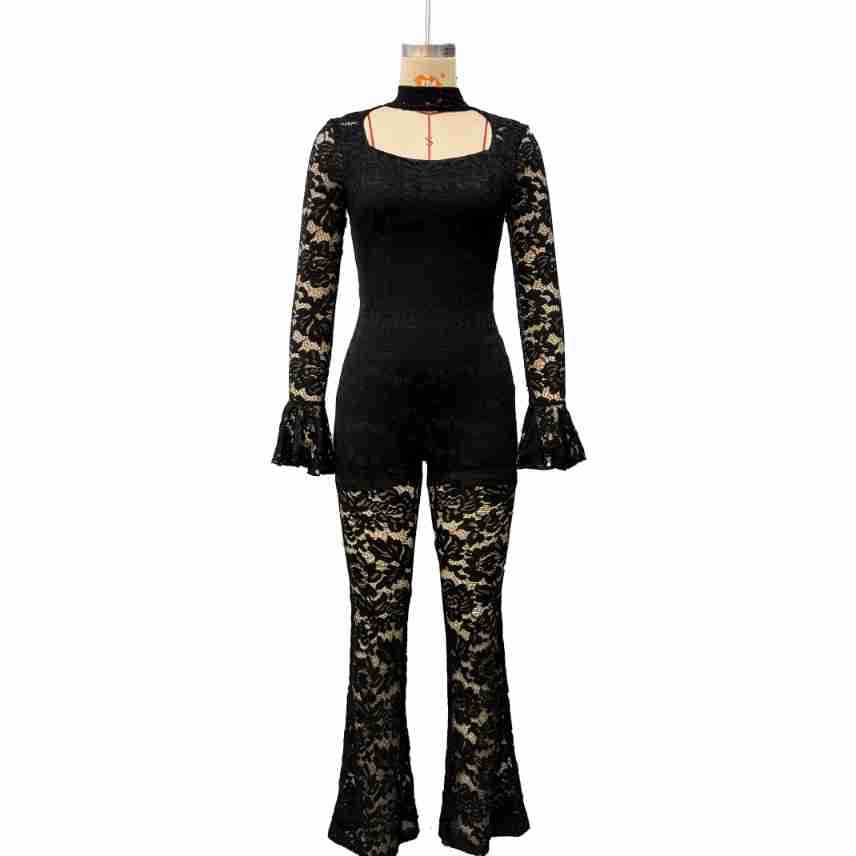 Chic Black Lace Flared Sleeve Jumpsuit