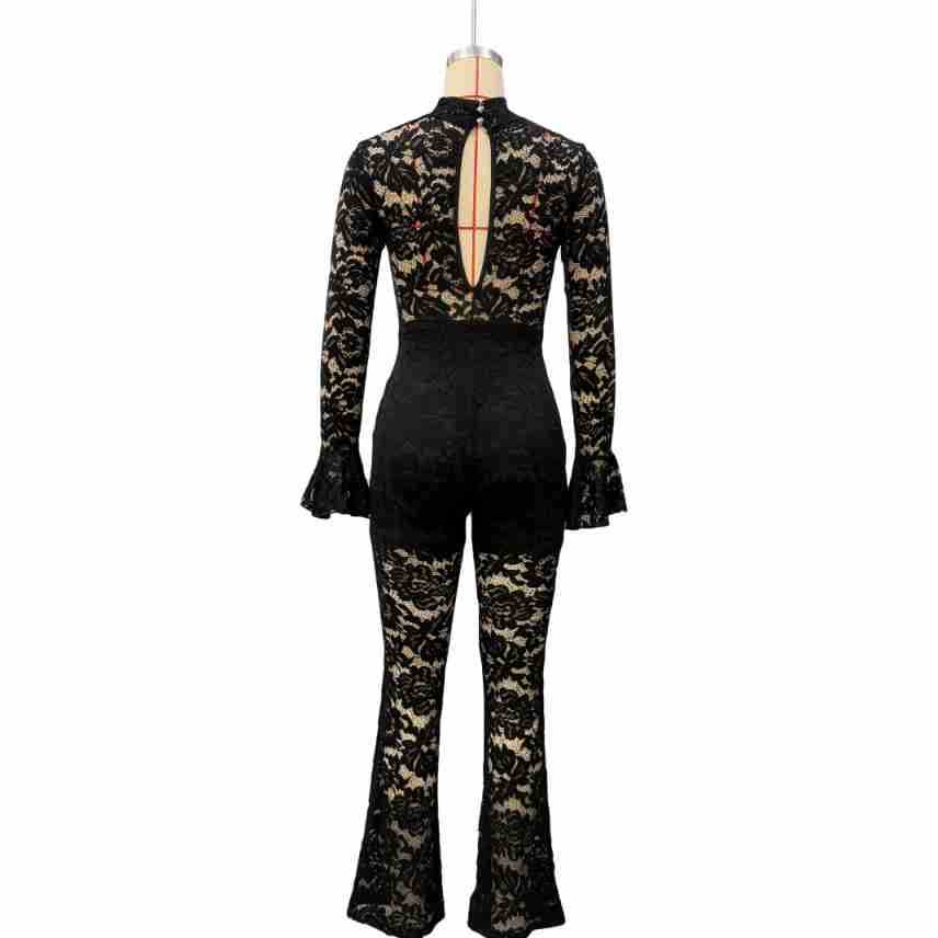 Chic Black Lace Flared Sleeve Jumpsuit