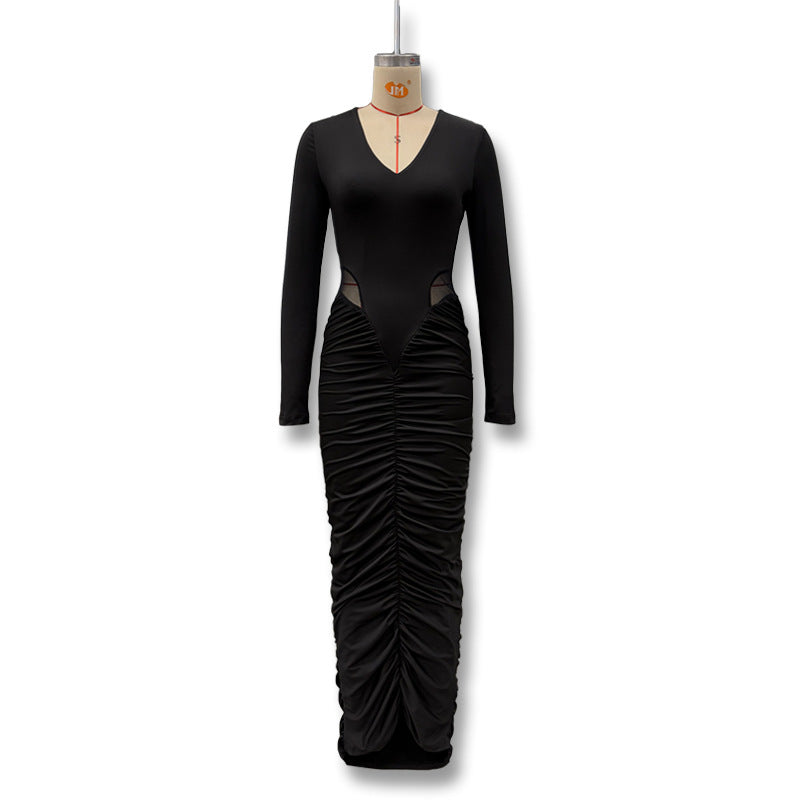 Long-Sleeve Ruched Evening Gown