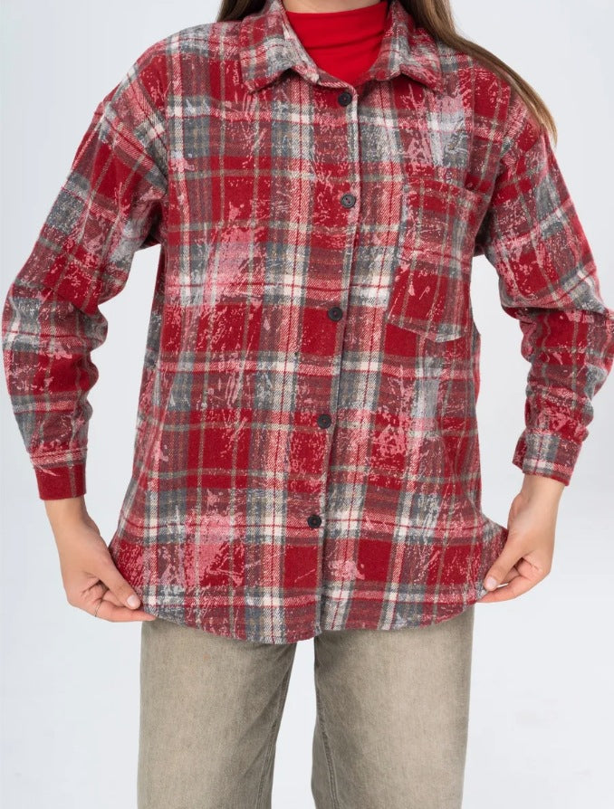 Plaid Flannel Jacket with Distressed Finish