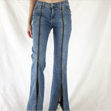 Zipper-Detail Flare Jeans with Front Slits