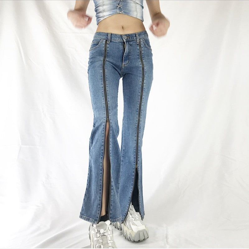 Zipper-Detail Flare Jeans with Front Slits