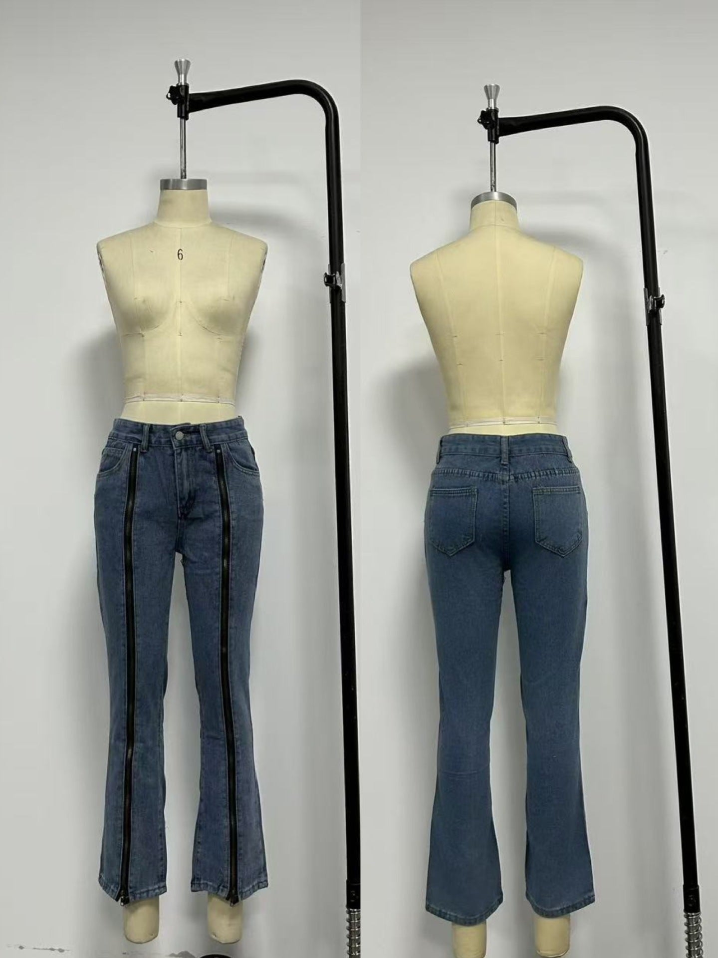 Zipper-Detail Flare Jeans with Front Slits