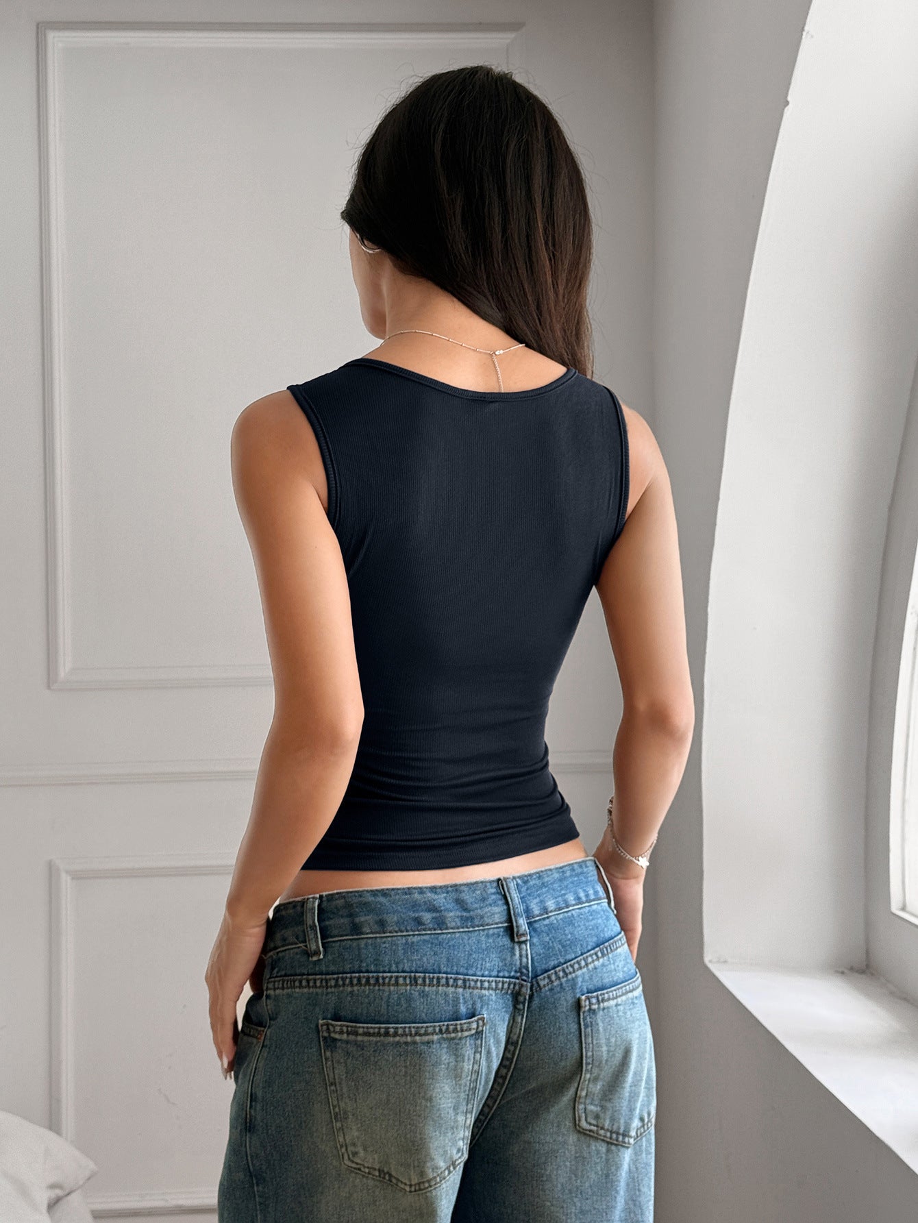 Ribbed Button-Front Sleeveless Top