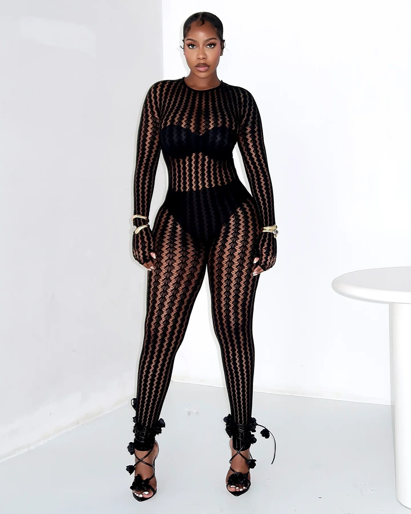 Black Sheer Lace Jumpsuit with Details
