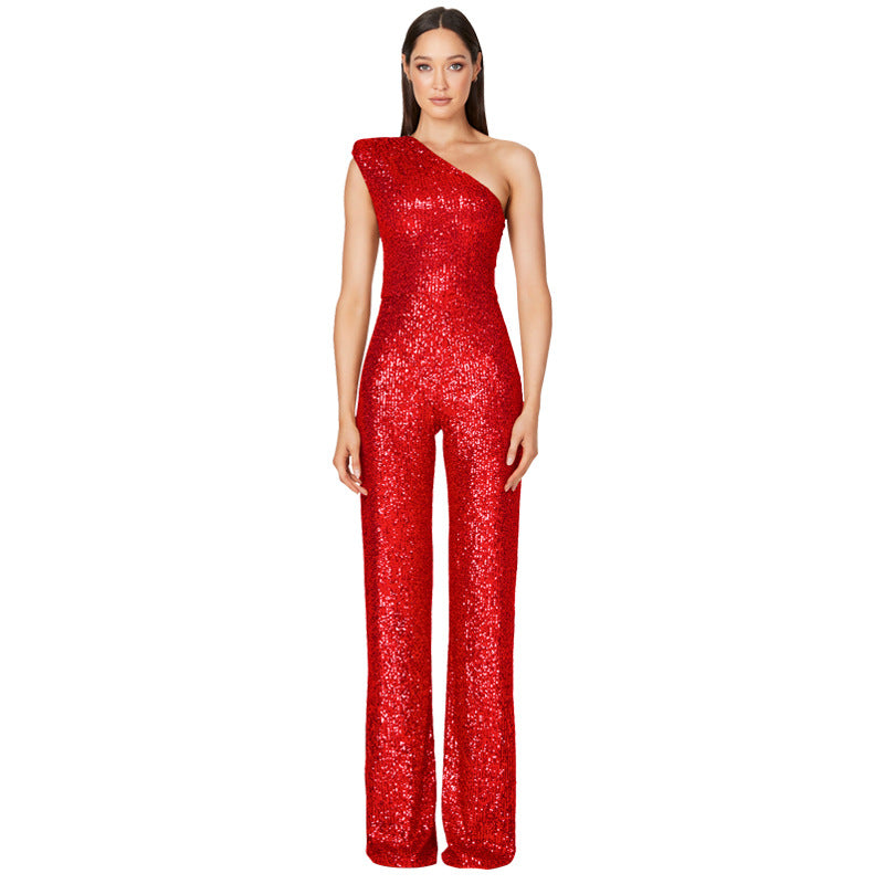 One-Shoulder Sequin Wide-Leg Jumpsuit