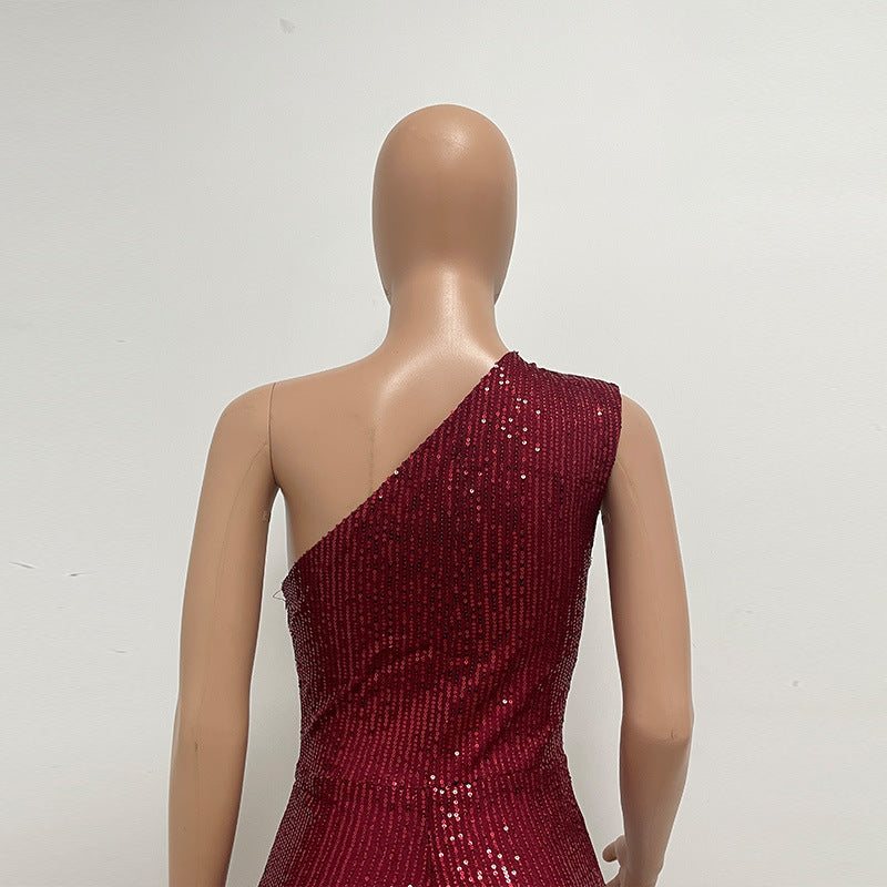 One-Shoulder Sequin Wide-Leg Jumpsuit
