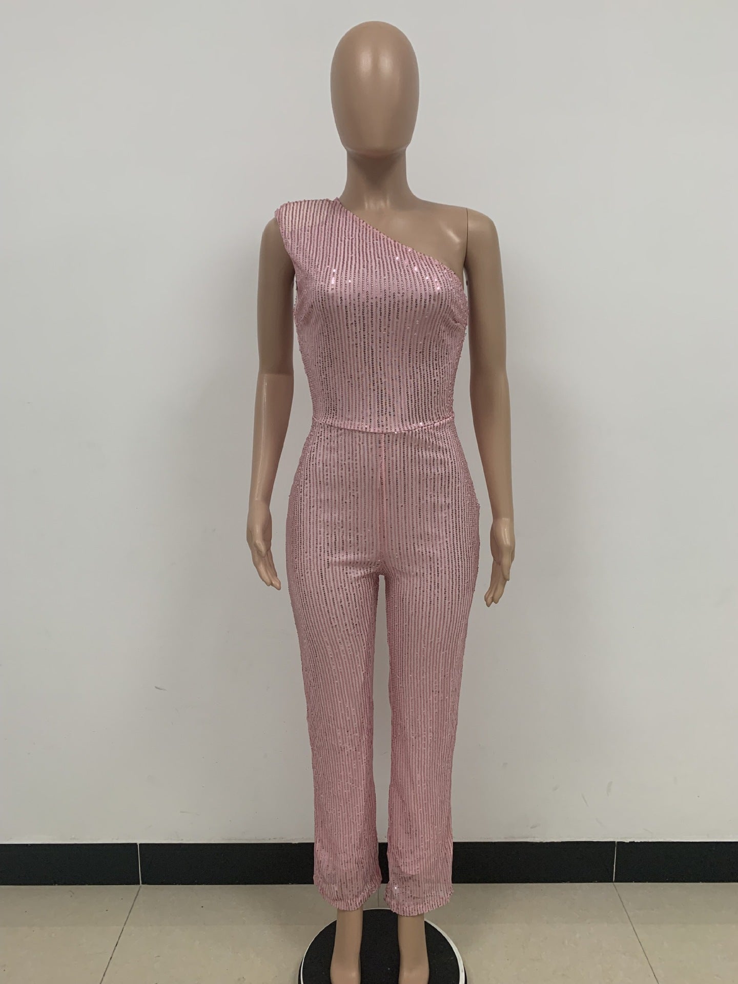One-Shoulder Sequin Wide-Leg Jumpsuit