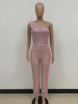 One-Shoulder Sequin Wide-Leg Jumpsuit