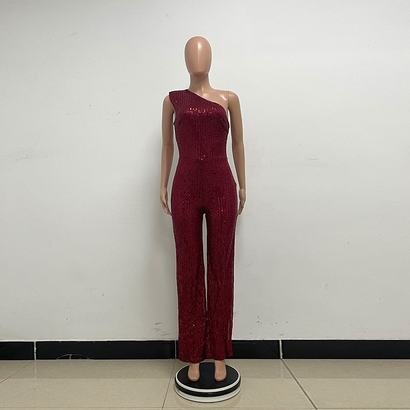 One-Shoulder Sequin Wide-Leg Jumpsuit