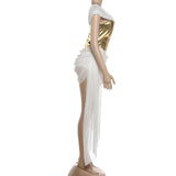 Glamorous Gold & White Evening Dress