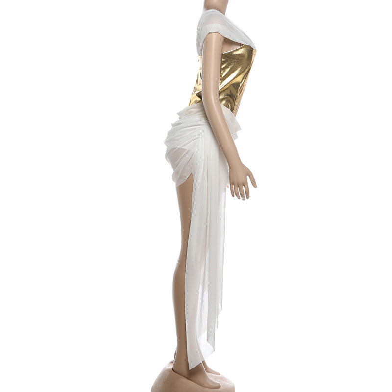Glamorous Gold & White Evening Dress
