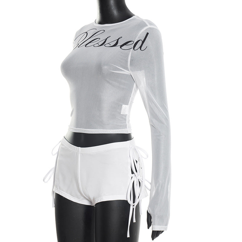 Beachwear Set with Long Sleeve Crop Top & Shorts