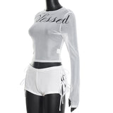 Beachwear Set with Long Sleeve Crop Top & Shorts