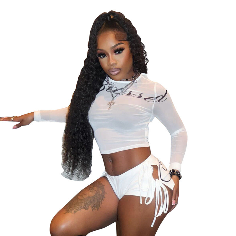 Beachwear Set with Long Sleeve Crop Top & Shorts