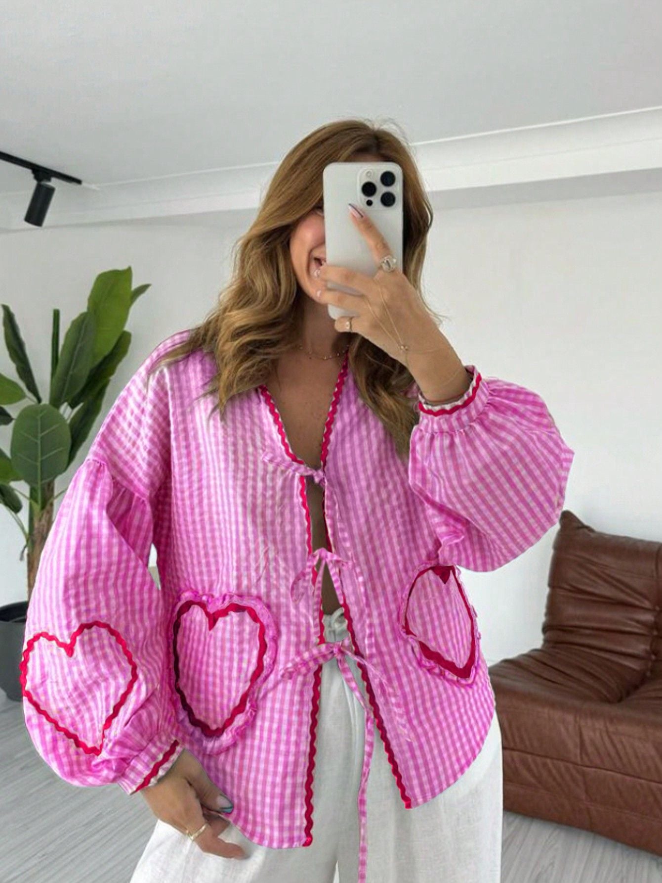 Gingham Heart-Print Button-Up Shirt