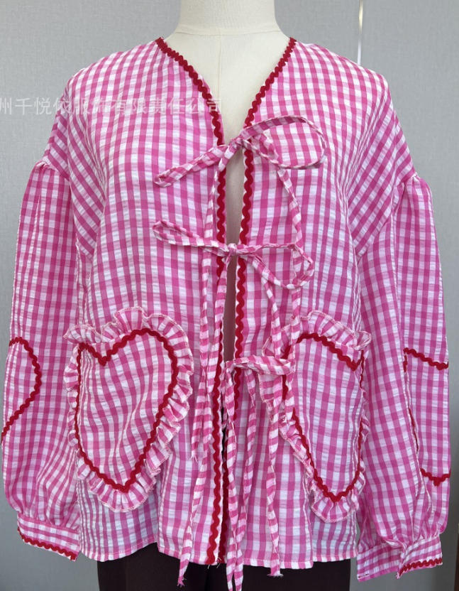 Gingham Heart-Print Button-Up Shirt