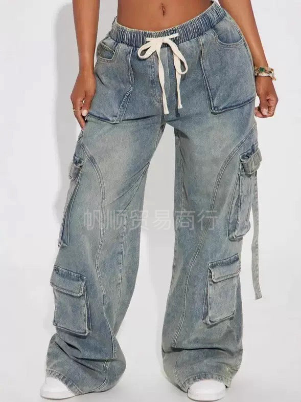 Casual High-Waisted Cargo Denim Pants