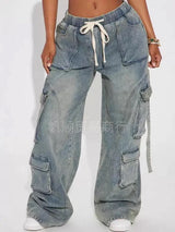Casual High-Waisted Cargo Denim Pants
