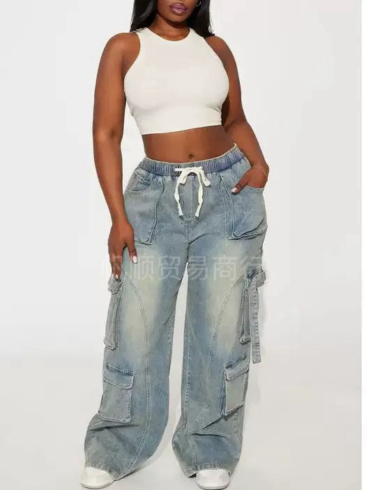 Casual High-Waisted Cargo Denim Pants