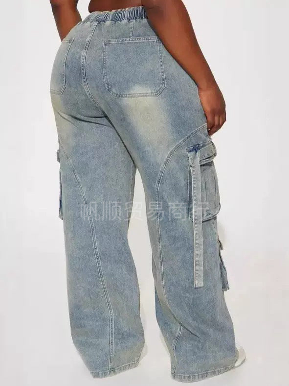 Casual High-Waisted Cargo Denim Pants