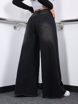 Wide-Leg Frayed Hem Denim Pants