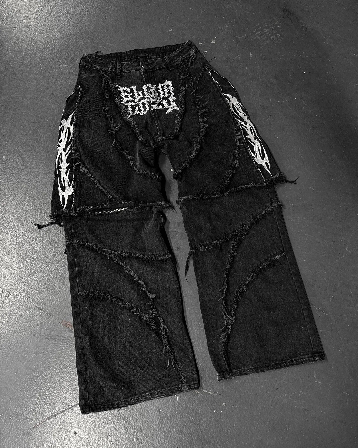 Black Distressed Cargo Jeans with Patch Details