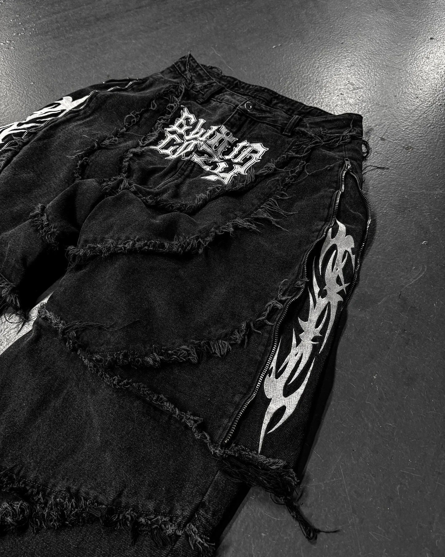 Black Distressed Cargo Jeans with Patch Details