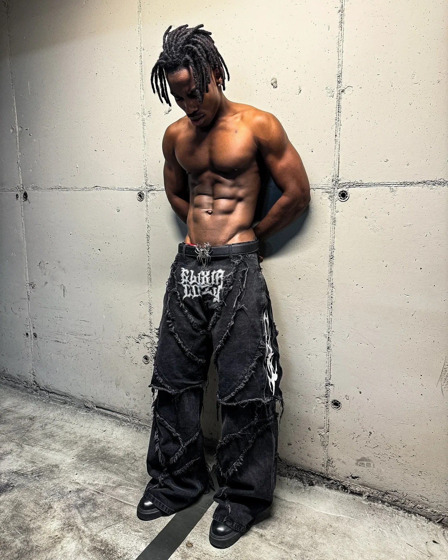 Black Distressed Cargo Jeans with Patch Details