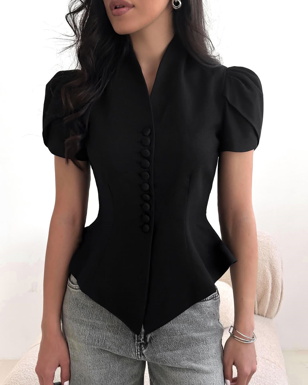 Peplum Blouse with Button Detailing