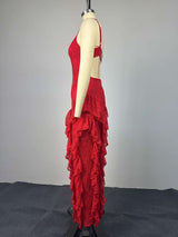 Elegant Red Ruffled Evening Gown
