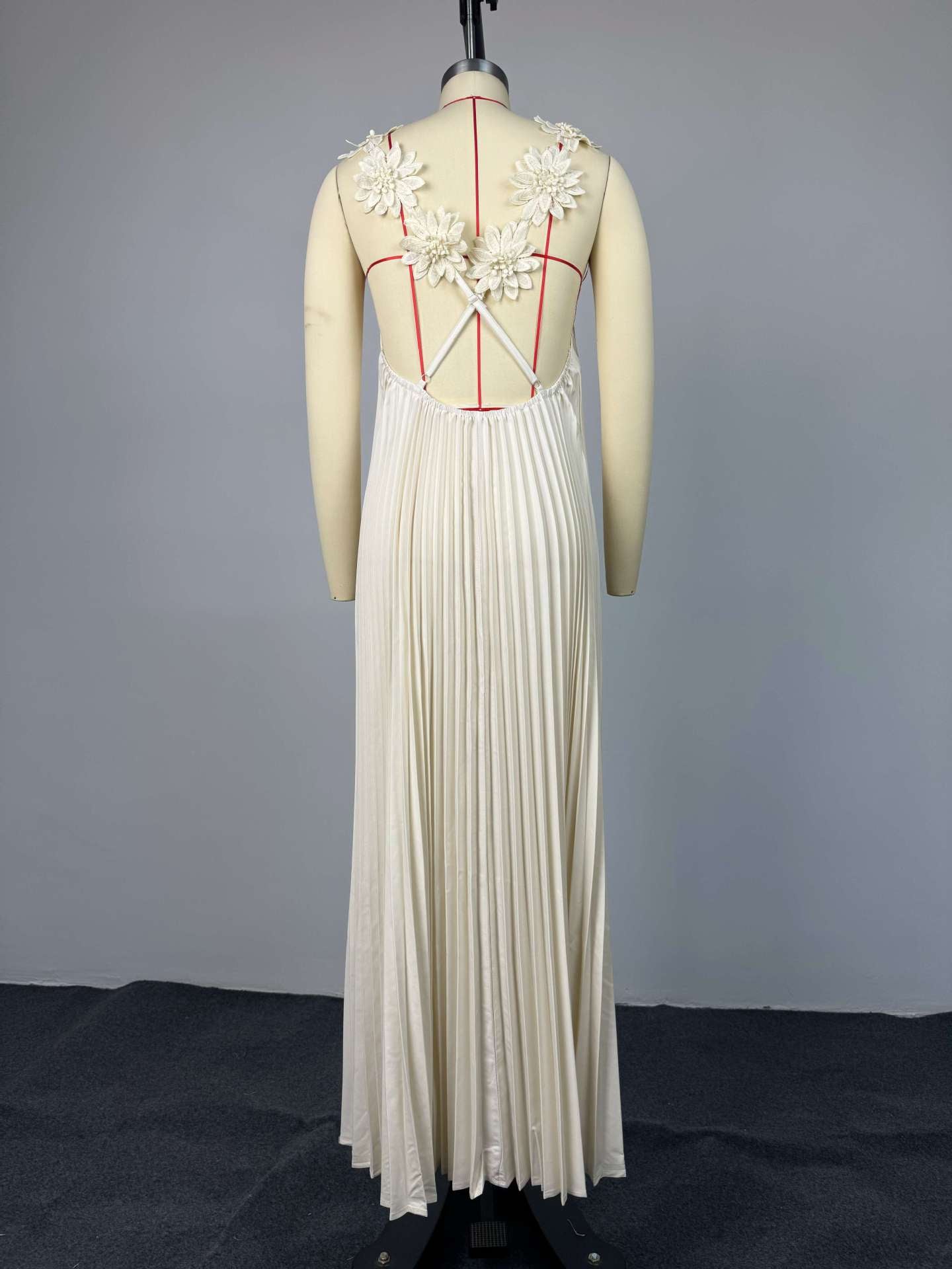 White Pleated Maxi Dress with Floral Shoulder Details