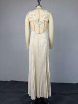 White Pleated Maxi Dress with Floral Shoulder Details