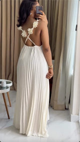 White Pleated Maxi Dress with Floral Shoulder Details