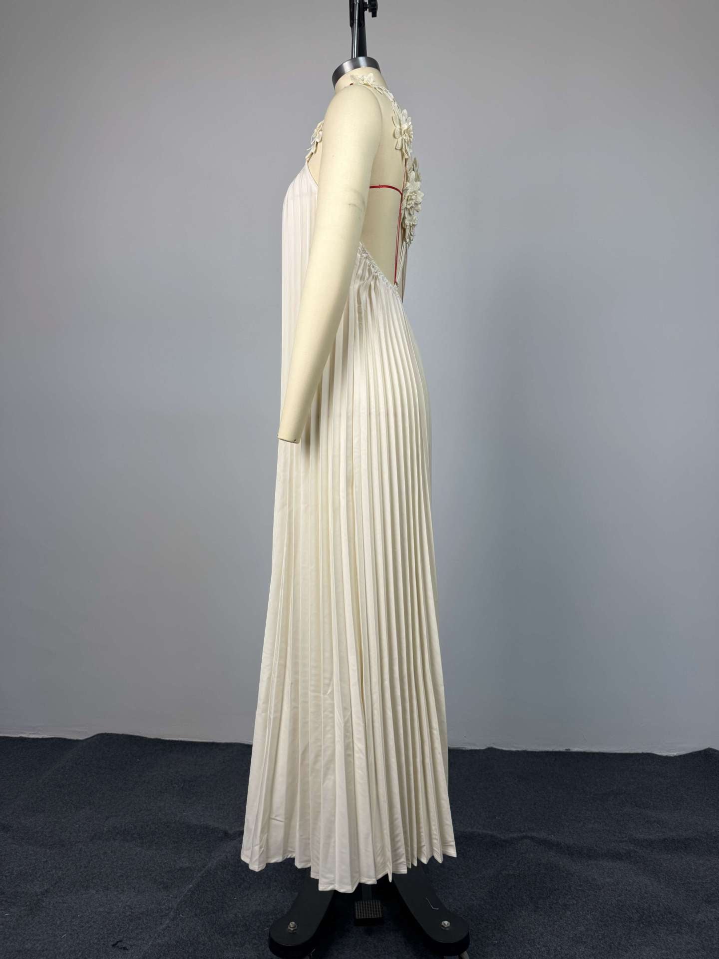 White Pleated Maxi Dress with Floral Shoulder Details
