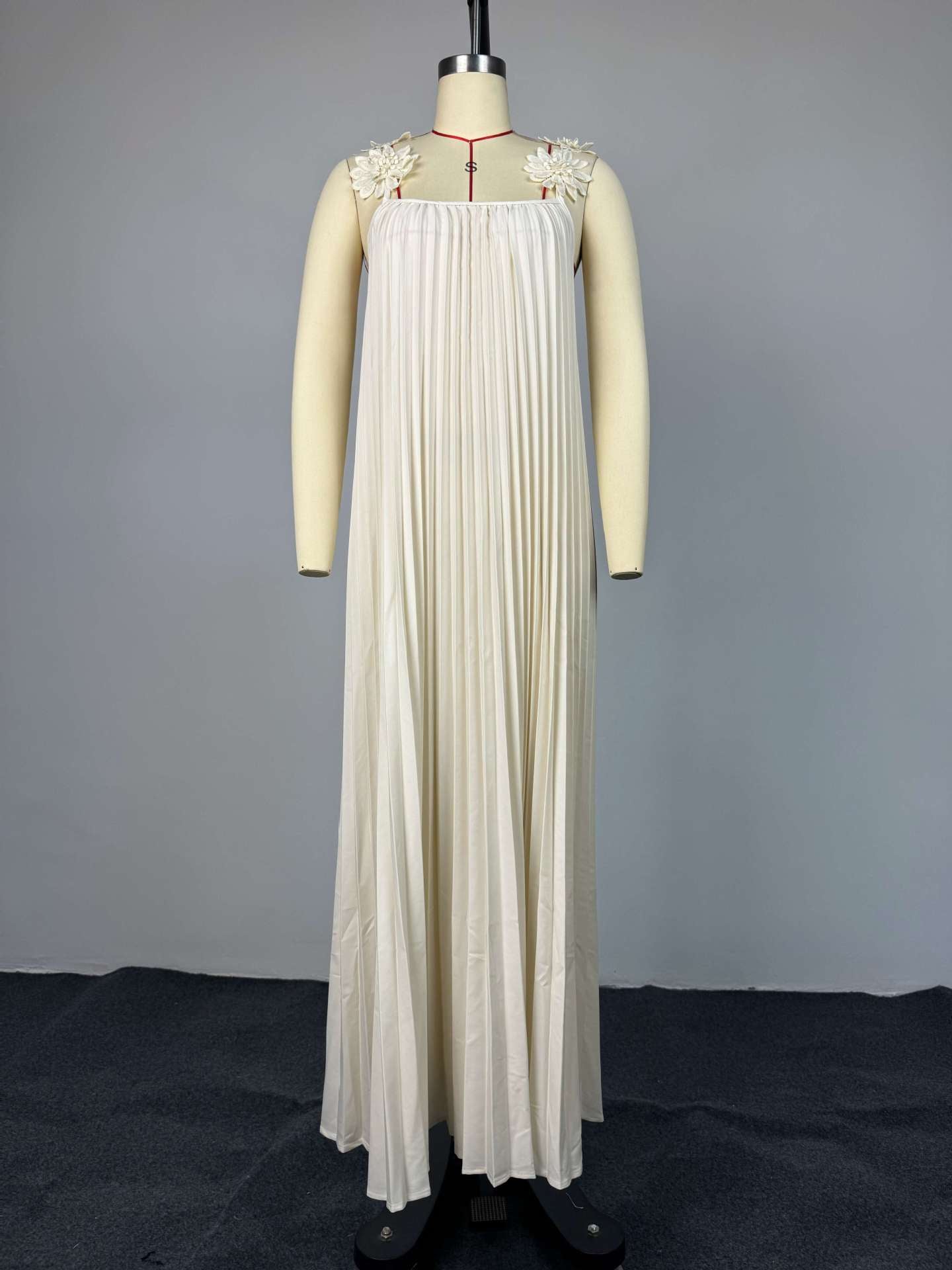 White Pleated Maxi Dress with Floral Shoulder Details