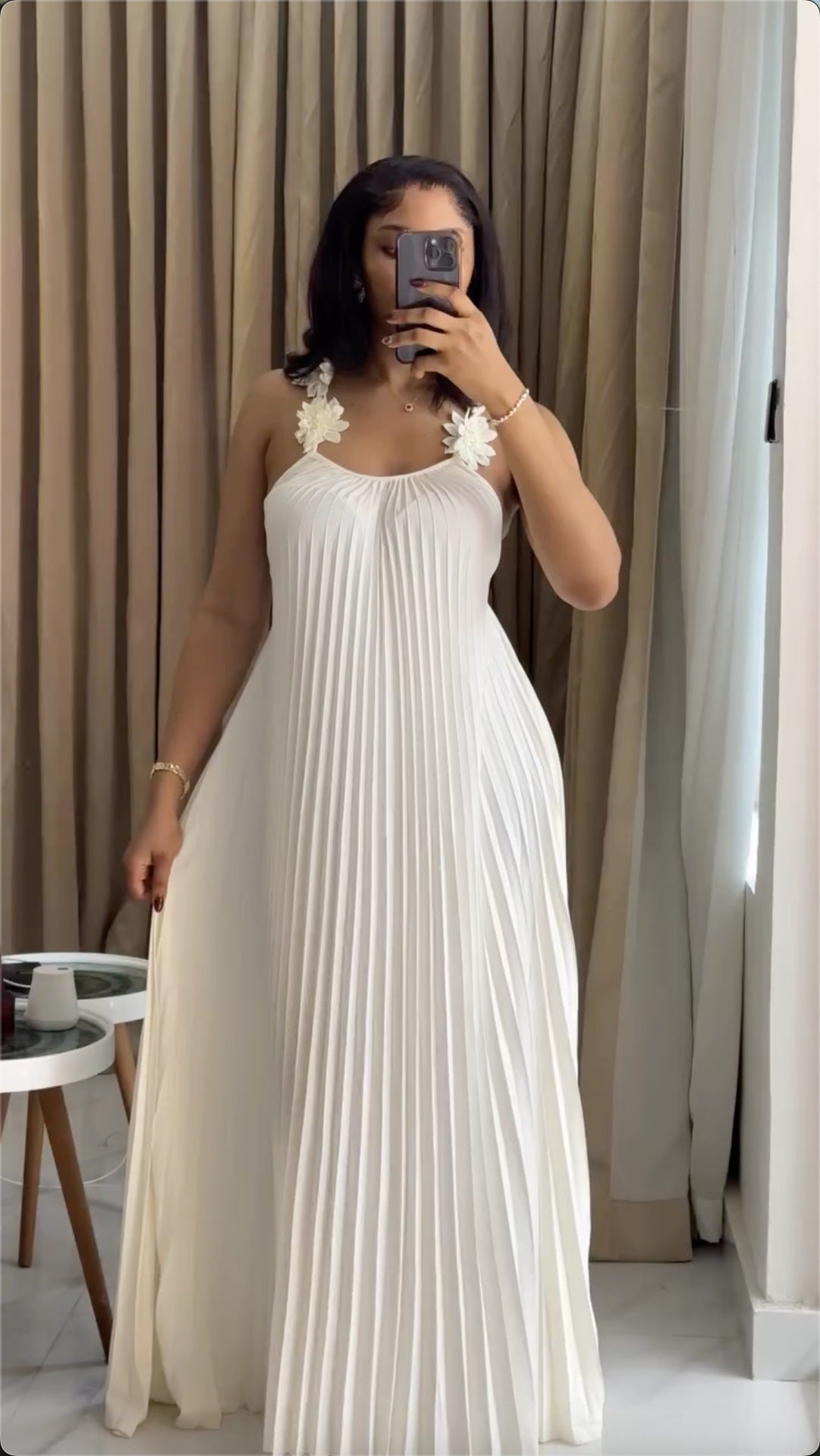 White Pleated Maxi Dress with Floral Shoulder Details
