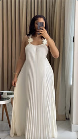 White Pleated Maxi Dress with Floral Shoulder Details