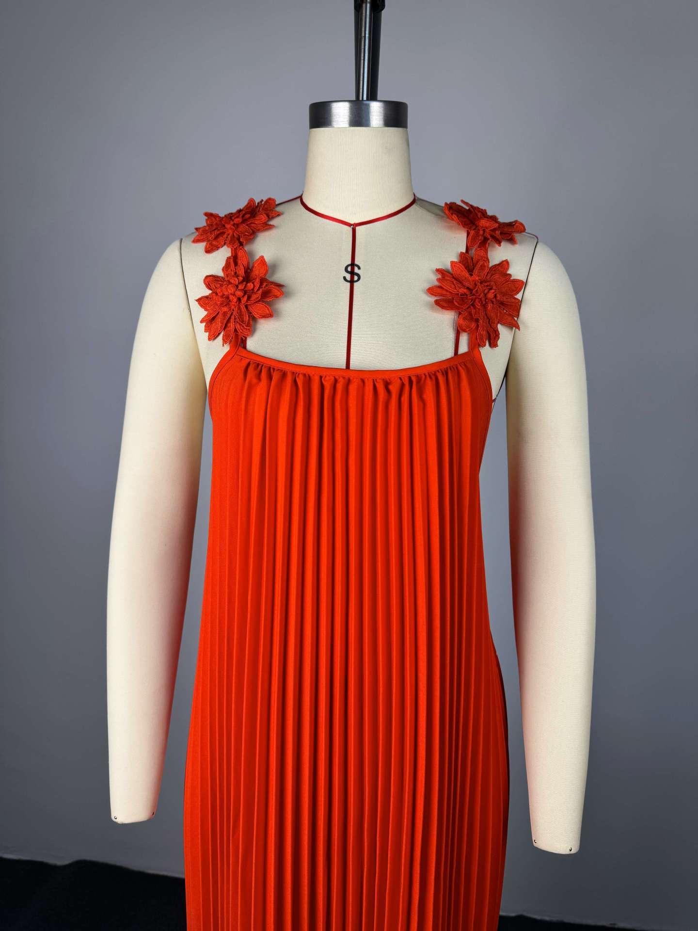Pleated Maxi Dress with Floral Shoulder Details