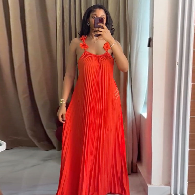 Pleated Maxi Dress with Floral Shoulder Details