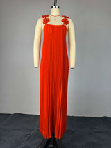 Pleated Maxi Dress with Floral Shoulder Details