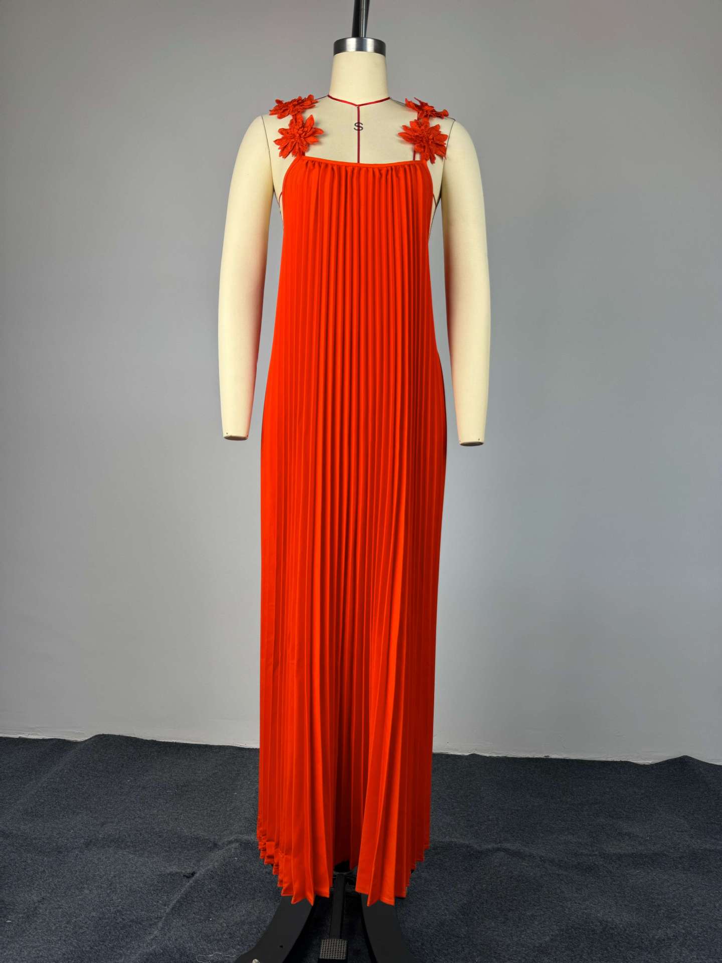 Pleated Maxi Dress with Floral Shoulder Details