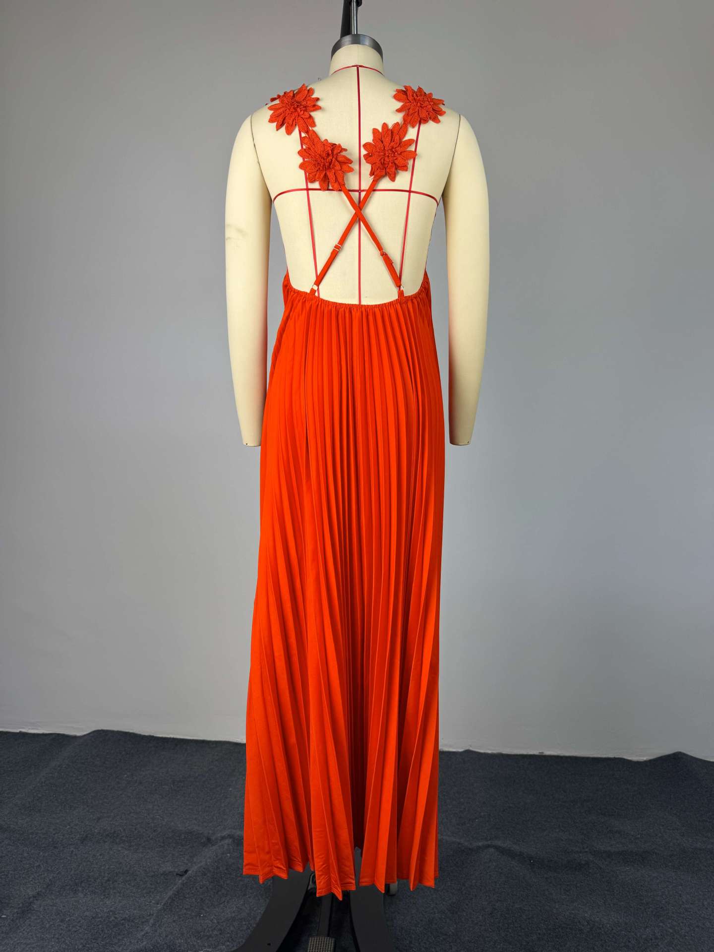 Pleated Maxi Dress with Floral Shoulder Details