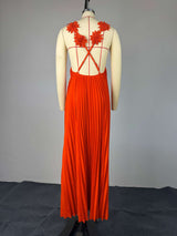 Pleated Maxi Dress with Floral Shoulder Details