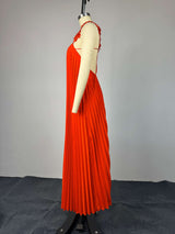 Pleated Maxi Dress with Floral Shoulder Details