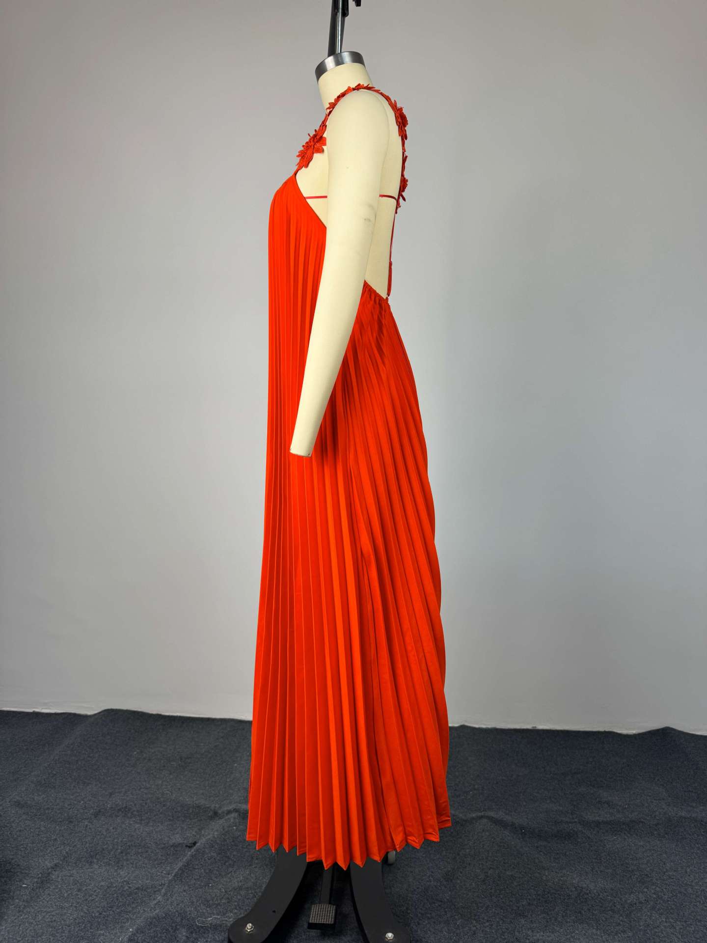 Pleated Maxi Dress with Floral Shoulder Details