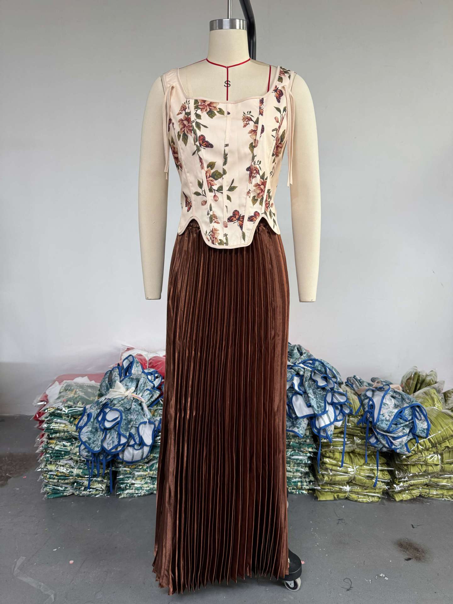 Pleated Maxi Dress with Floral Corset Top