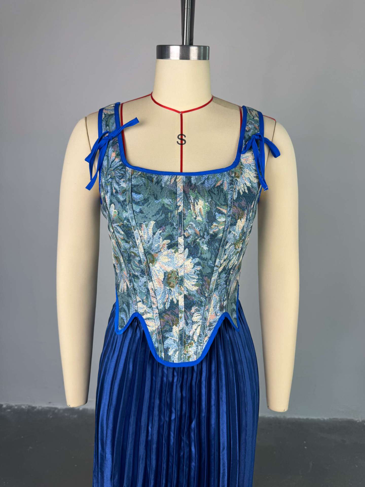 Pleated Maxi Dress with Floral Corset Top