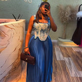 Pleated Maxi Dress with Floral Corset Top