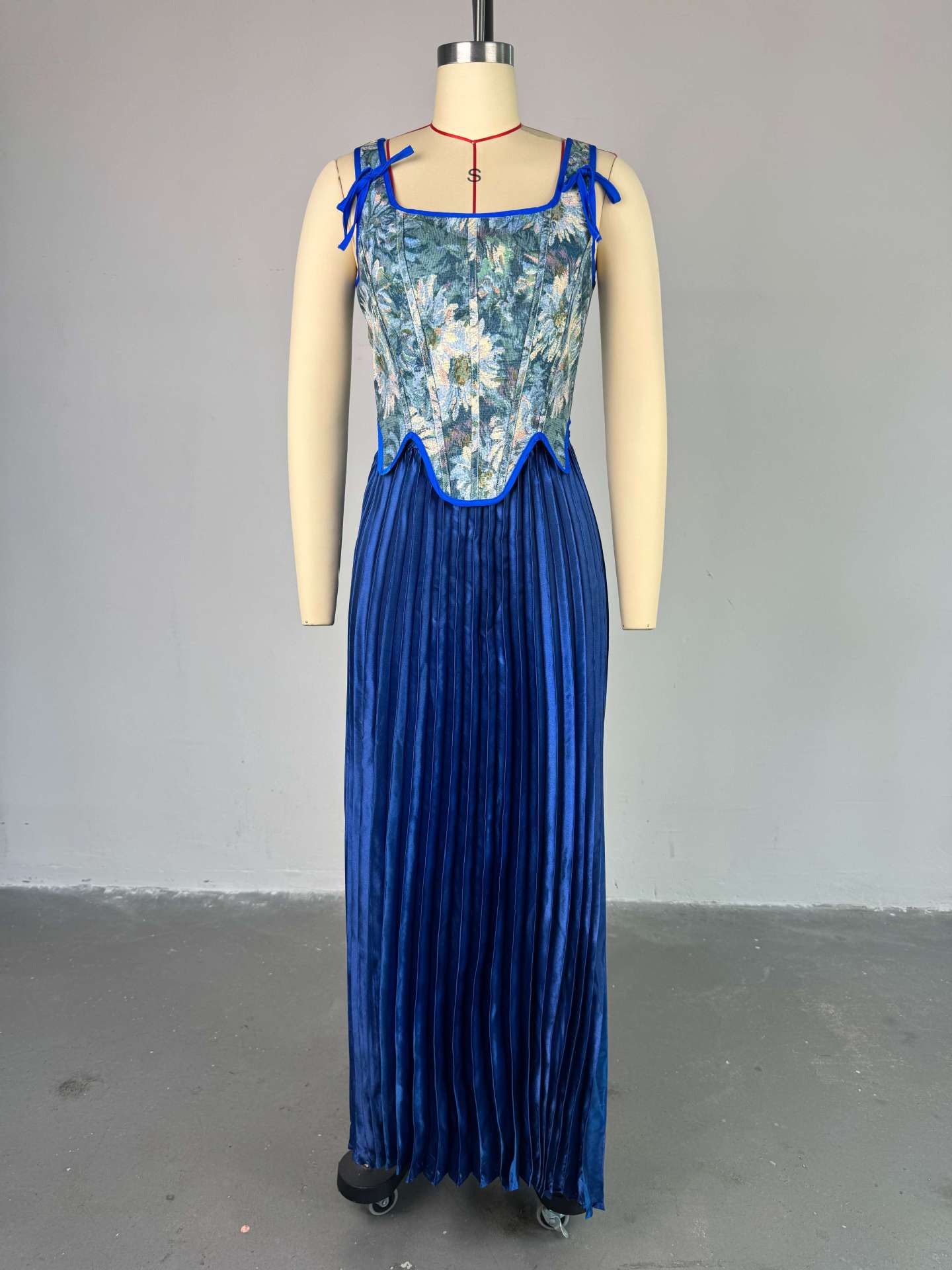 Pleated Maxi Dress with Floral Corset Top